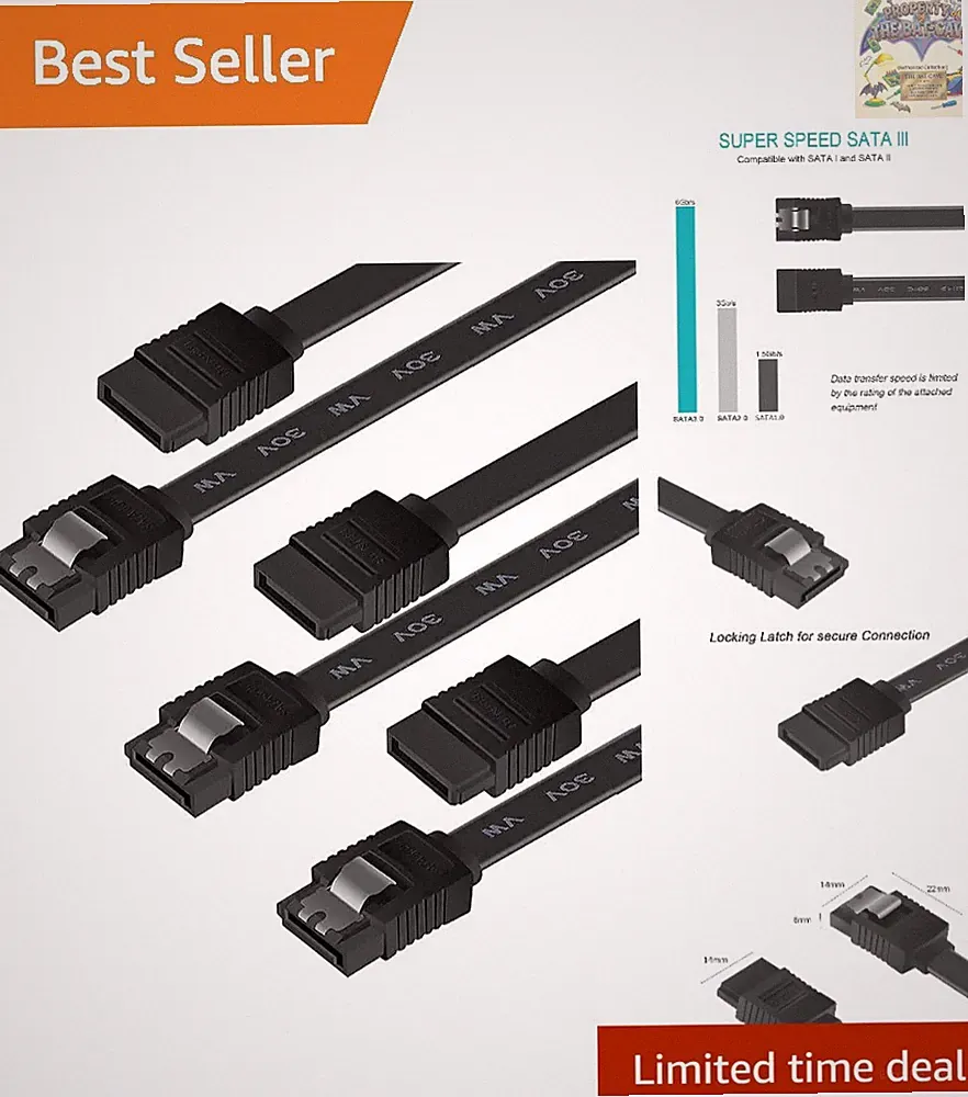 3 Pack SATA III Cables - 6Gbps Data Transfer for HDD/SSD - 18 Inch Black